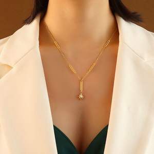 Csja — collier avec pendentif étoile tendance, plaqué or, 18K, en acier inoxydable, étoile irrégulière, pour femmes, tendance, nouveauté, été - Product Image 4