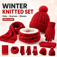 Gants d'hiver en tricot rouge uni, épais, antidérapants, ensemble 3 en 1, bonnet, écharpe, gants à doigts entiers compatibles avec les écrans tactiles, pour cadeau de Noël