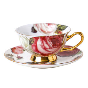 Service à café et thé en porcelaine fine de style européen, blanc et rouge, 220 ml, motif floral imprimé, logo rétro - Product Image 5