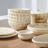 Nouvelle collection 2026 : Vaisselle en céramique, série Fleur de Jade, motif végétal sous glaçure, compatible micro-ondes, ensemble bol et assiette pour l'inauguration de la maison