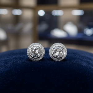 Orecchini a lobo E997 in oro bianco con diamanti, taglio brillante rotondo, montatura a castone, gioielli classici da donna per matrimonio - Product Image 2