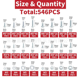 546pcs Metric Machine Screw Set M3 M4 M5 M6 Bolts Nuts Washers Assortment Kit Grade 4.8 6.8 Coarse Thread Pan Head - Product Image 2