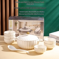 Ensemble cadeau de 8 pièces, ensemble de pot à soupe et de bols en céramique minimaliste nordique avec incrustations dorées, avec couvercle, vaisselle pour usage hôtelier