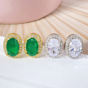 Classic Oval <b>Stud</b> <b>Earrings</b> Gold Plated <b>Crystal</b> Zircon Women's Party Jewelry Brass Bezel Setting - Product Image 2