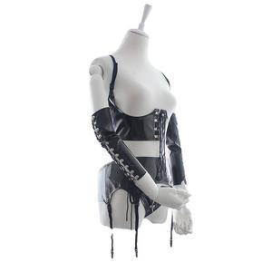 Zwart Lakleer Vrouwelijk Lichaam <span class=keywords><strong>Bondage</strong></span> 4-delige Set Sexy Harnas Korset Met Blote Buste Erotische Lingerie Voor Vrouwen - Product Image 3