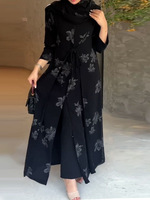 Abaya à imprimé floral, ensemble 1 pièce, kimono ouvert sur le devant avec ceinture à nouer pour femmes musulmanes, vêtements islamiques