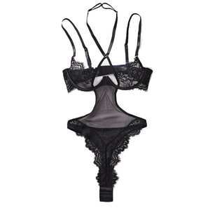 Bodysuit wanita dengan renda bulu mata, potongan halter, tali silang, transparan, warna hitam, ukuran S-L - Product Image 5