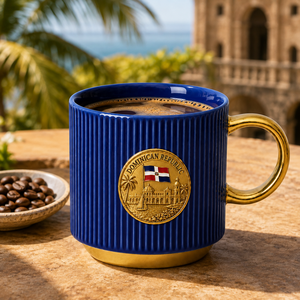 Tasses en céramique souvenir de la République Dominicaine, design drapeau emblématique, médaillon doré, mug à eau en porcelaine, fournisseur en gros ODM personnalisé - Product Image 3