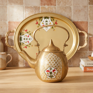 Tetera de latón con tapa y diseño floral, acabado dorado, asa metálica, olla para agua - Product Image 5