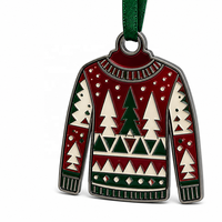 En gros, Ornement de Noël en forme de pull, motif arbre à feuilles persistantes et cloches de montagne, style tricoté, en métal argenté et émail, personnalisable, pour cadeau