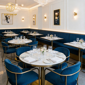 Divano in Velluto Blu di Lusso con Struttura in Metallo Rotonda, Tavolo in Marmo <span class=keywords><strong>e</strong></span> Set di <span class=keywords><strong>Sedie</strong></span> per Uso Commerciale in Ristoranti - Product Image 4