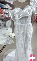 Vestido de Novia Sirena 2 en 1, Asimétrico, de Satén, con Volantes, Sobrevestido Desmontable, con Cuentas, Manga Larga Transparente, Vestido de Novia Africano