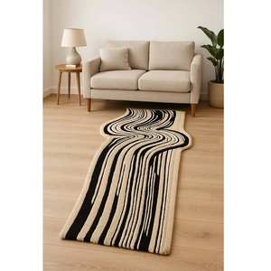 Tapis en laine tufté à la main, abstrait et ondulé, moderne et personnalisé, noir et blanc, pour salon, MOQ 1 pièce, tapis abstrait élégant pour la maison - Product Image 2