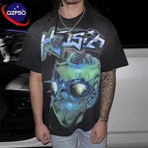 QZFSO High Street Vintage ácido lavado camiseta Hip Hop impresión personalizada Camiseta de manga corta 100% algodón 300 gramos camiseta gráfica suelta - Product Image 1