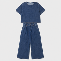 Ensemble deux pièces en jean bleu pour femmes grandes tailles, chemise à manches courtes et jean à jambes larges, taille US, OEM ODM, vente en gros