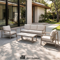 Ensemble de canapés d'extérieur J&M T846 en aluminium et rotin PE, 5 places, coussins bouclés, accoudoirs en corde, table basse, pour terrasse de montagne