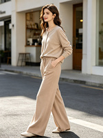 Ensemble 2 pièces pour femmes : Cardigan col rond et pantalon décontracté en maille anti-plis, 70% viscose 30% nylon, maille 12GG
