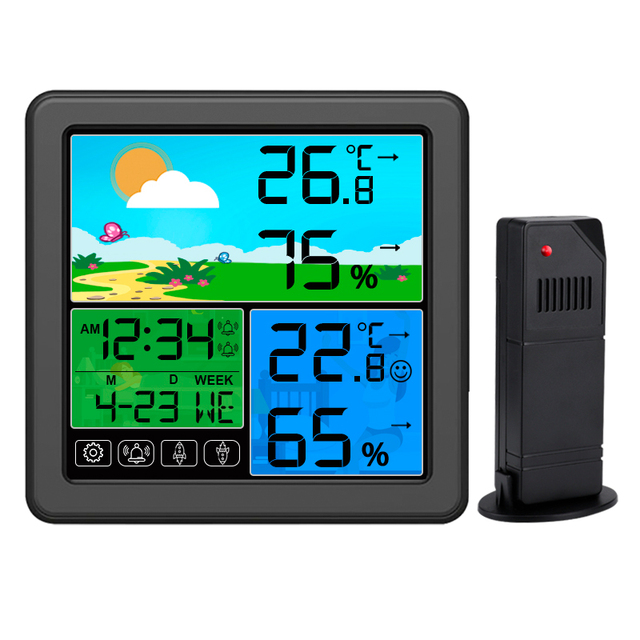 Wireless Indoor/Outdoor Weather Station Color Digital Clock 3-Channels Backlight Plastic Temp/Humidity Sensor OEM/ODM Supported