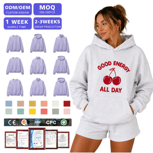 Ensemble sweat à capuche et short pour femme, coupe ample, mélange coton et polyester, vêtements de détente pour les voyages, certifié OEKO TEX - Product Image 1