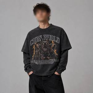 Camiseta de Manga Larga para Hombre, Estilo Grunge Y2K, Lavado Ácido, con Gráfico de Doberman CRUEL WORLD, Fabricada con Algodón Personalizado - Product Image 1