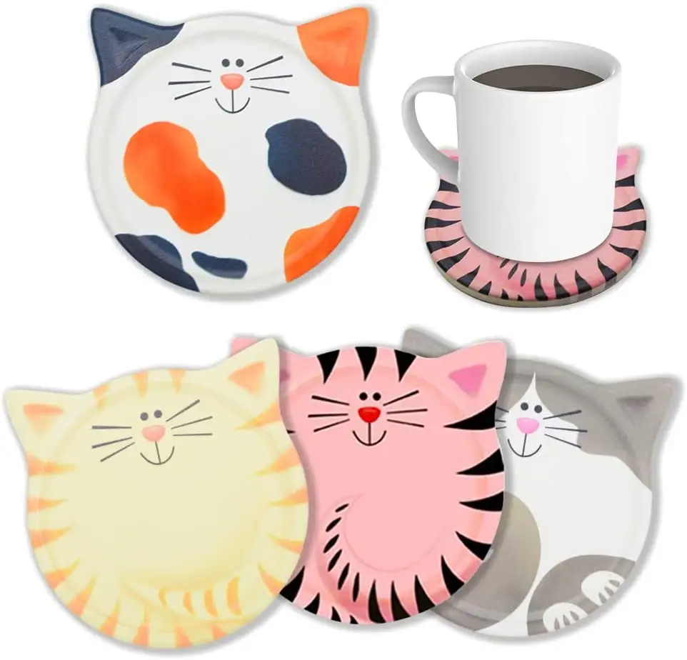 Dessous de verre en céramique, 2022 pouces, tablette auto-absorbante, motif de dessin animé, dessous de verre pour boisson, en forme de chat mignon, idées de cadeaux uniques pour les amoureux de chats