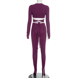 Conjunto de 2 piezas de vendaje a la moda para mujer, Top corto sexy de manga larga y medias ajustadas, conjunto de pantalones largos - Product Image 3