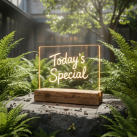 Panneau d'affichage LED en acrylique avec base en bois, panneau lumineux pour notes de bureau, lampe personnalisée pour café, décoration de bureau à domicile