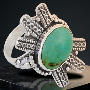 Bague de cocktail plaquée argent Art Palace, pierre ovale en turquoise naturelle, motif étoile, style bohème, bijoux unisexes tendance, Rajasthan - Product Image 3