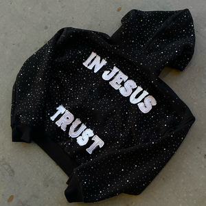 Manufacturer Luxury <b>Fleece</b> 3D Oversized <b>Black</b> Custom Logo Distressed Embroidered Patch Full Rhinestone Breathable Zip Streetwear - Product Image 5