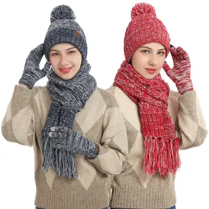 Winter 3pcs/set Scarf Mittens Hat Suits Gift Touch Screen Gloves Unisex Wool Knitted Pompom Hats Scarf Gloves Sets