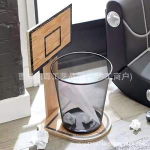 Cubo de basura creativo con forma de aro de baloncesto de madera, divertido soporte para cubo de basura con diseño de baloncesto para el hogar. - Product Image 2