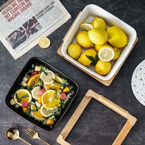 Nordic Modern <b>square</b> Marble Stone Fruit and Vegetable Salad Wooden Frame Ceramic Storage Bowl - Product Image 2