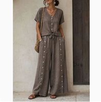 Ensemble en coton et lin uni de style européen et américain, haut ample à manches courtes et col en V, pantalon large à taille haute