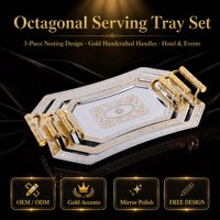 Ensemble de plateaux de service octogonaux 3 pièces, emboîtables, avec accents dorés, finition miroir, fabriqués à la main, plateau argenté, pour hôtel, mariage, OEM personnalisé