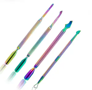 Rainbow Multi Color Stainless Steel Cuticle Pusher and Remover Set for Gel Nail Polish Triangle Scraper Double Ended Pusher