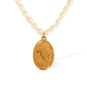 Collier personnalisé en acier inoxydable, élégant, avec perle fraîche, <span class=keywords><strong>pendentif</strong></span> camée ovale vintage, portrait de dame, plaqué <span class=keywords><strong>or</strong></span> 18 carats, pour femme - Product Image 3