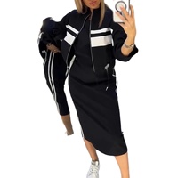 Ensemble robe moulante au-dessus du genou et cardigan à manches longues pour femme, collection automne 2027, avec rayures blanches, en polyester/spandex