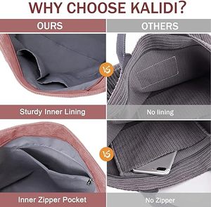 Sac fourre-tout en velours côtelé de haute qualité pour femme, souple, uni, avec fermeture éclair, idéal pour le collège, à porter à l'épaule ou en bandoulière - Product Image 5