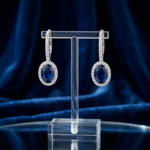 Boucles d'oreilles créoles halo en argent 925 plaqué rhodium avec saphir bleu et moissanite pour femme, bijoux de luxe pour mariage, certifiées 5 GM - Product Image 5