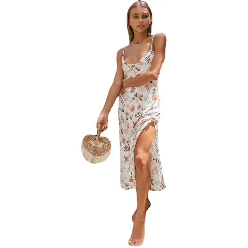 Летние пляжные Печатный пррнт Холтер сексуальный v-образный вырез тонкой слинг штаны с лямками для девочки длинное платье с цветочным рисунком