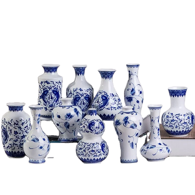 Mini jarrones de porcelana de cerámica azul y blanca hechos a mano chinos decorativos jarrones de decoración interior personalizados