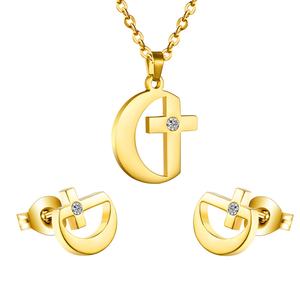 Fashion Stainless Steel 18k <b>Gold</b> Cross and Moon Women Necklace Jewelry <b>Sets</b> - Product Image 1