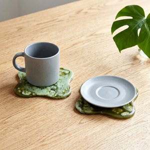 Handmade Collection Oval Resin Mats Modern Non-Slip Eco-Friendly Handmade Drink Pads 5mm Thick Yellow Green <b>Marbled</b> Design - Product Image 1