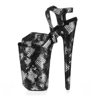 Chaussures de pole dance sexy en PU texture serpent, talon de 20 cm, bout ouvert, lanières extra longues, semelle épaisse, logo personnalisé, vente en gros