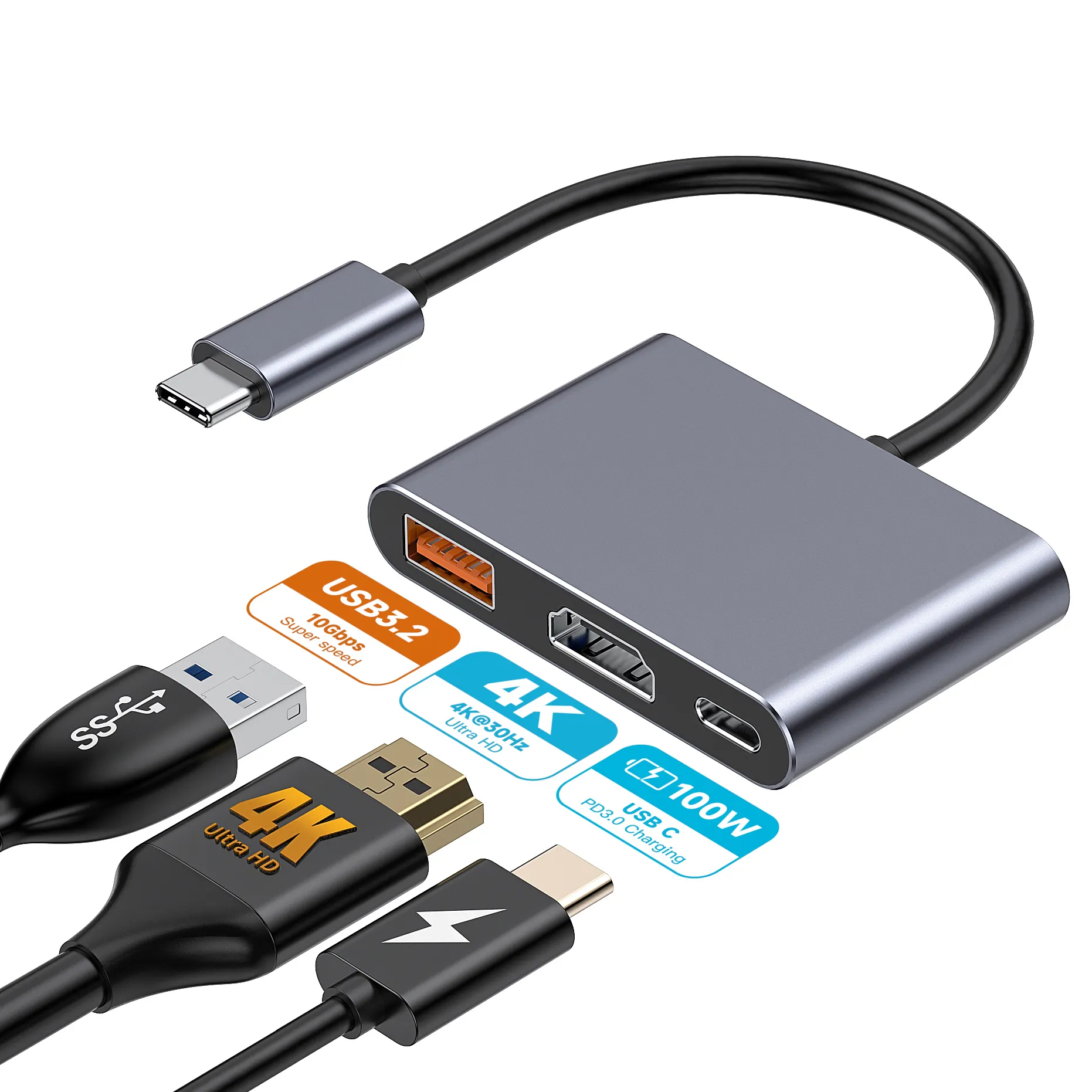 3 in 1 Custom USB3.2 Type-C to 10Gbps USB-A, 4K HDR, 100W PD USB-C Adapter for Windows Mac OS Laptop