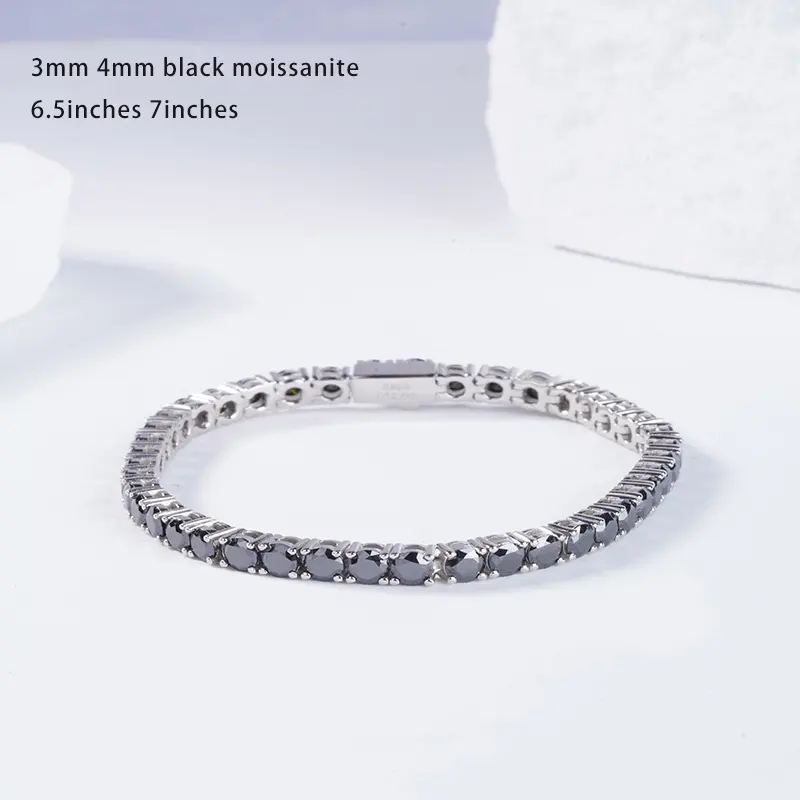 Wholesale Starsgem Sterling Silver luxury engagement jewelry bracelet 3mm 4mm round shape black color moissanites tennis chain