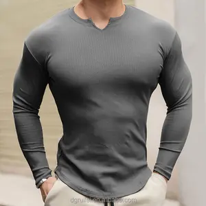 Camiseta casual com bainha em forma de U de manga longa personalizada para homens, camiseta de algodão orgânico luxuosa e macia, absorvente de umidade e respirável