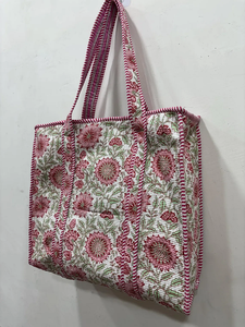 White Pink Floral Block Printed Cotton <b>Tote</b> <b>Bag</b> <b>Summer</b> Beach <b>Bag</b> Bridesmaid Gift <b>Bag</b> Reusable Travel Shopping Shoulder <b>Bag</b> - Product Image 5