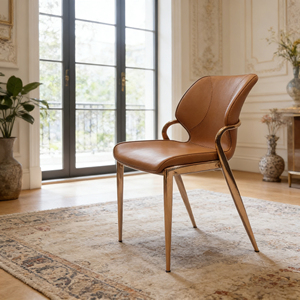 Silla de Comedor Moderna de Lujo en Cuero Marrón con Estructura Metálica Dorada, Silla de Comedor Ergonómica Tapizada para Cocina, Sala de Estar, Hotel - Product Image 4