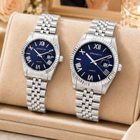 Jam Tangan Pasangan Klasik Perak Biru Quartz Stainless Steel Tanggal Dial Sederhana Penunjuk Mewah Fashion Jam Tangan Sepasang